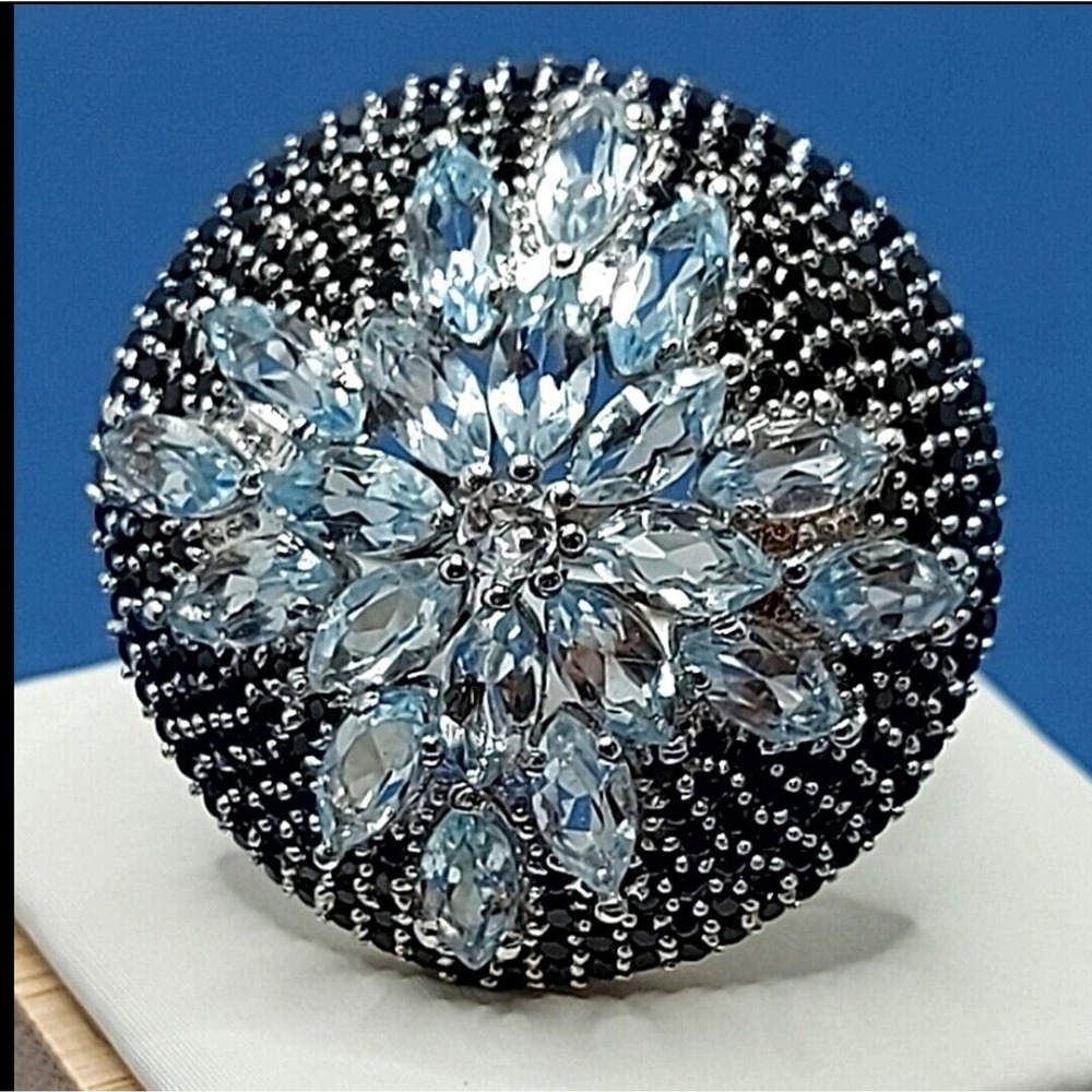 Natural Sky Blue Topaz 6x3mm & Black Spinel 925 Sterling Silver Ring Size 7.75